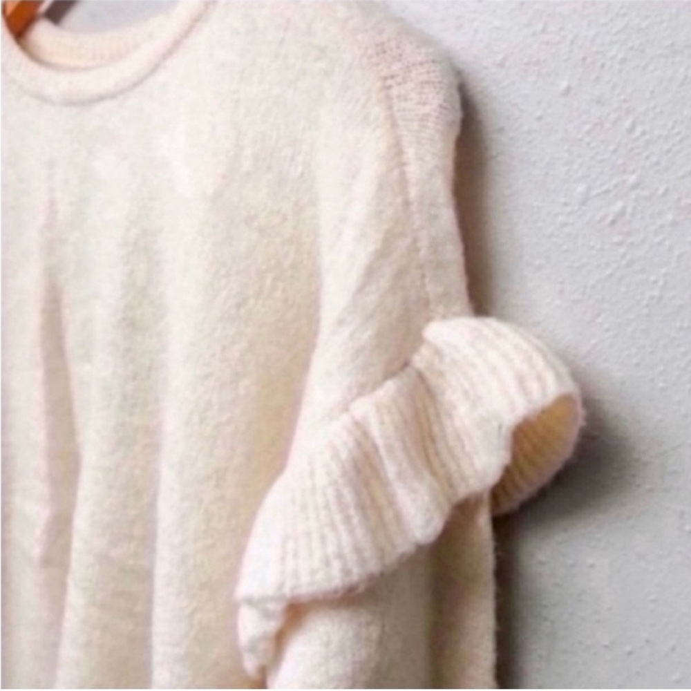 Cream Ruffle Sleeve Pullover Sweater
